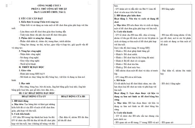 Giáo án Công nghệ 3 Bài 9: Làm đồ chơi