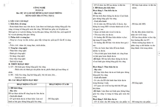 Giáo án Công nghệ 3 Dự án 2: Làm mô hình sa bàn giao thông bằng giấy bìa cứng