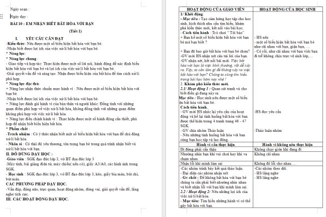 Giáo án Đạo đức 3 Bài 10: Em nhận biết bất hòa với bạn