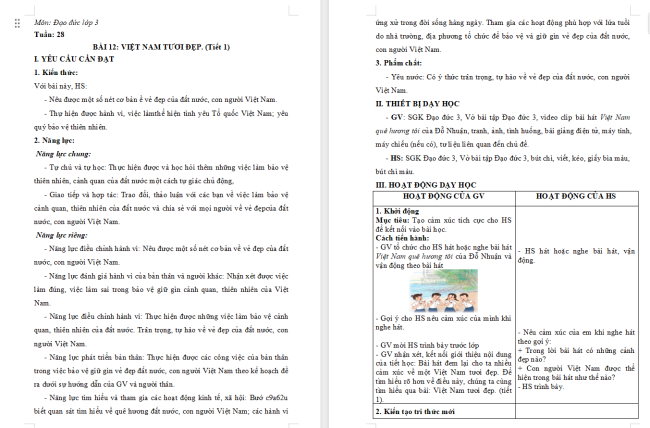 Giáo án Đạo đức 3 Bài 12: Việt Nam tươi đẹp