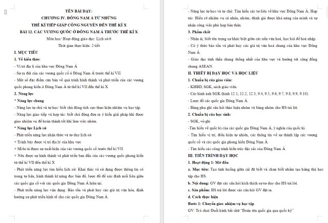 Giáo án Lịch sử 6 Bài 12: Các vương quốc ở Đông Nam Á trước thế kỉ X