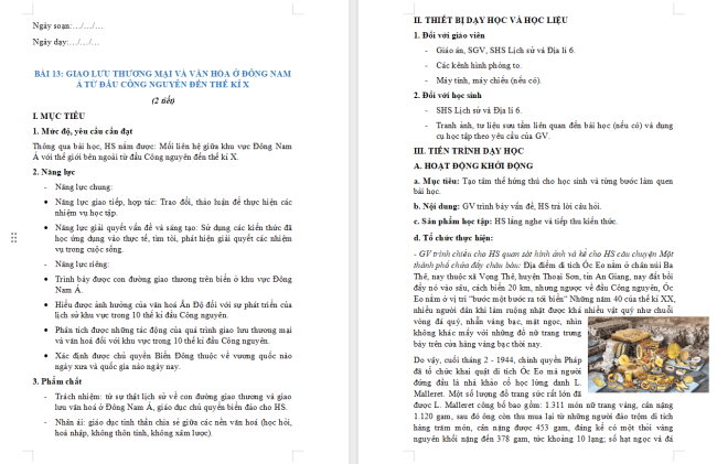 Giáo án Lịch sử 6 Bài 13: Giao lưu thương mại và văn hóa ở Đông Nam Á từ đầu Công nguyên đến thế kỉ X