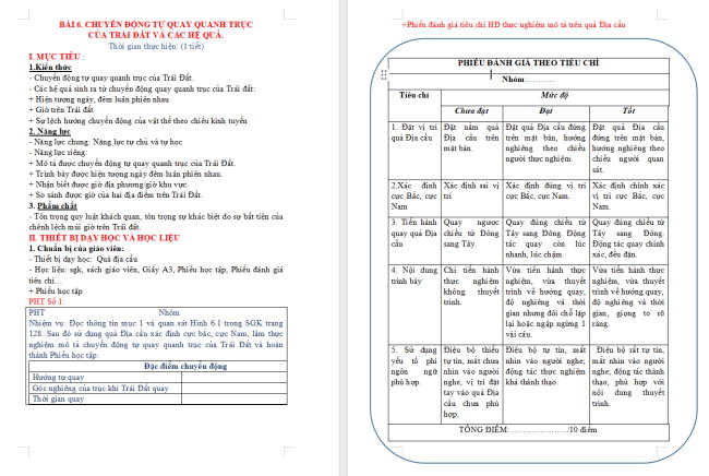 Giáo án Địa lí 6 Bài 6: Chuyển động tự quay quanh trục của Trái Đất và hệ quả