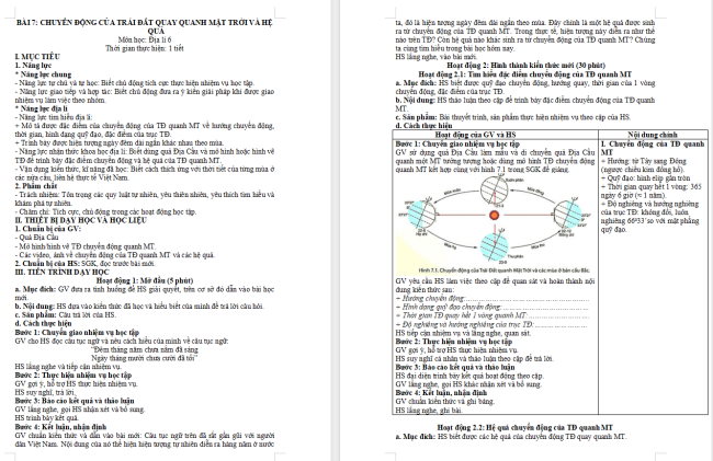 Giáo án Địa lí 6 Bài 7: Chuyển động quanh Mặt Trời của Trái Đất và hệ quả