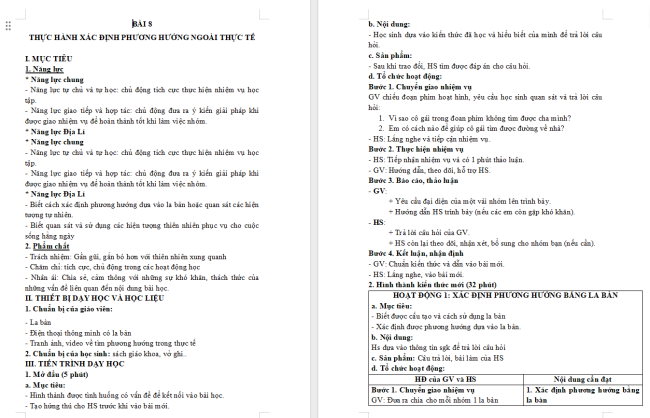 Giáo án Địa lí 6 Bài 8: Thực hành xác định phương hướng ngoài thực tế