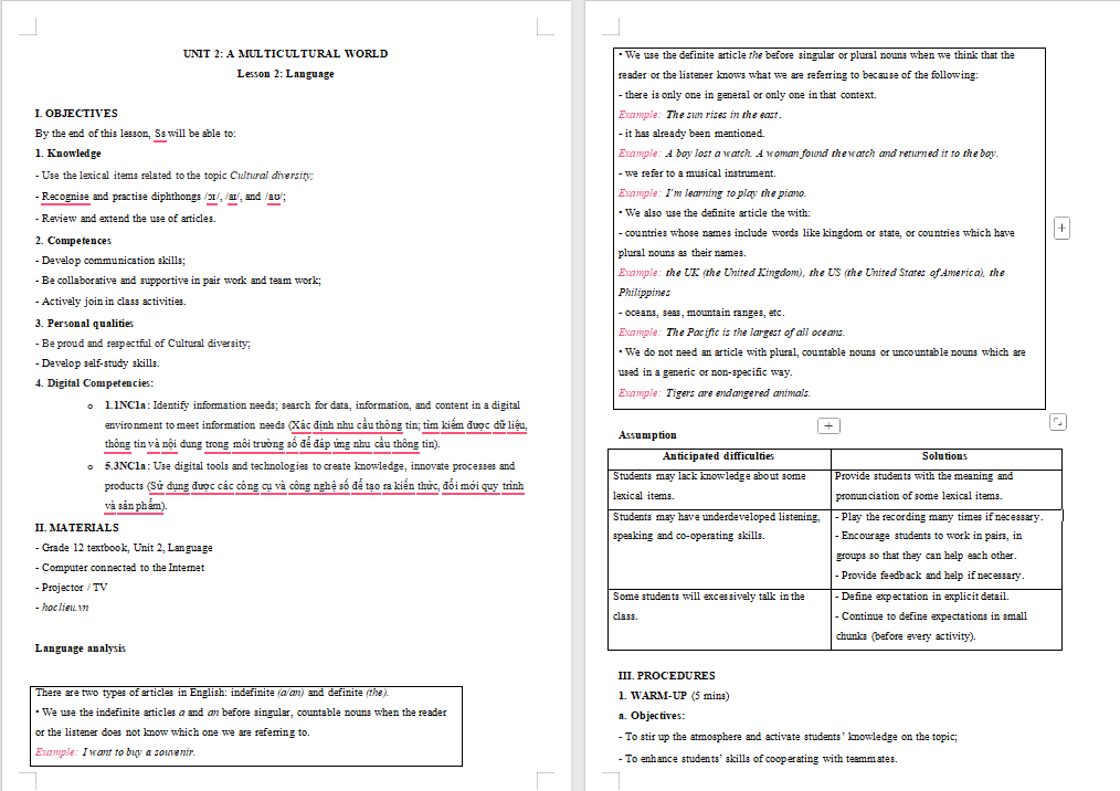 Giáo án Tiếng Anh 12 Unit 2: Language