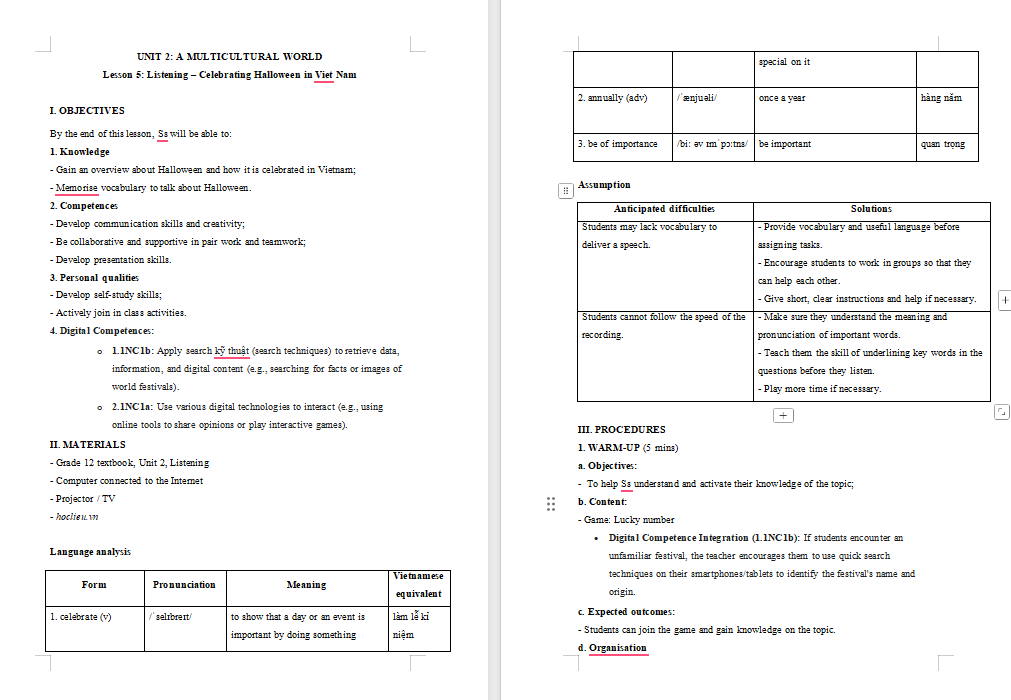 Giáo án Tiếng Anh 12 Unit 2: Listening 