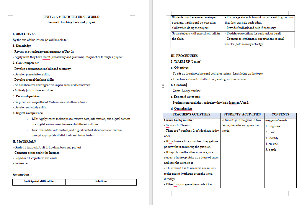 Giáo án Tiếng Anh 12 Unit 2: Looking Back