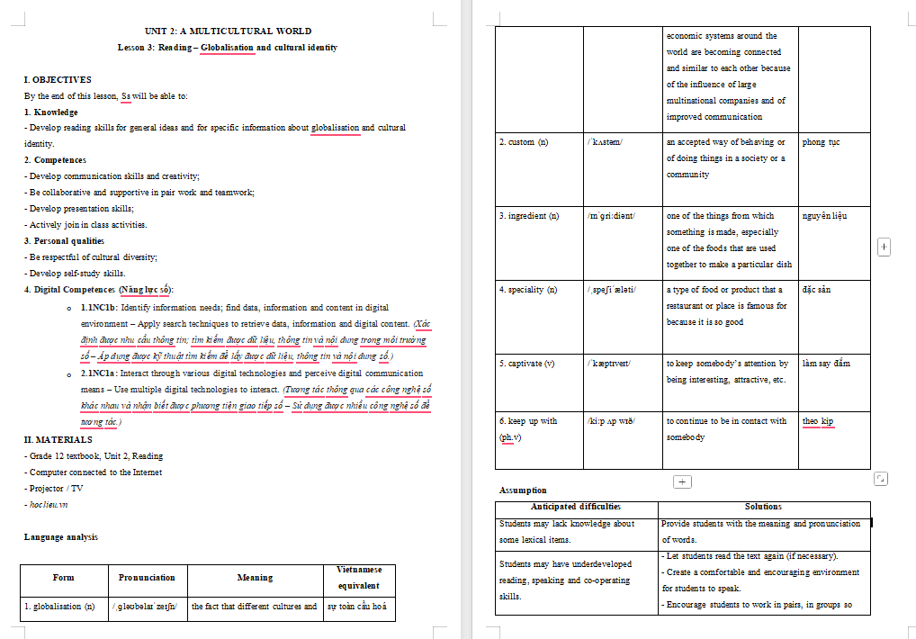 Giáo án Tiếng Anh 12 Unit 2: Reading