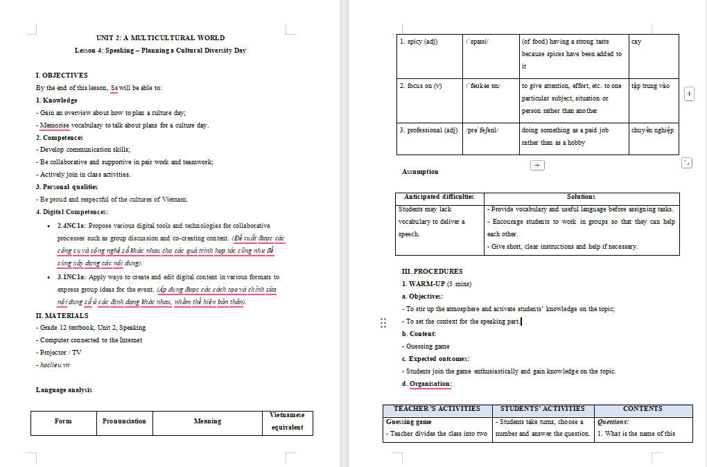 Giáo án Tiếng Anh 12 Unit 2: Speaking