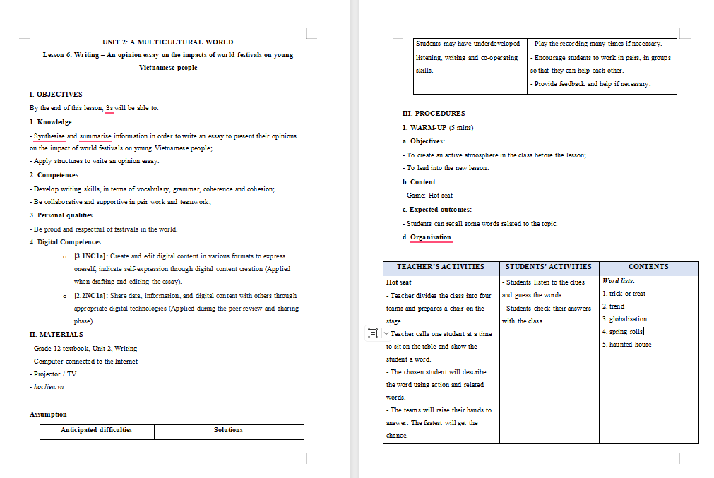 Giáo án Tiếng Anh 12 Unit 2: Writing