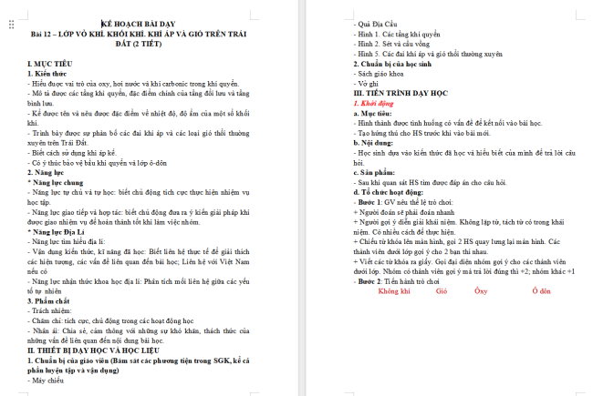 Giáo án Địa lí 6 Bài 12: Lớp vỏ khí. Khối khí. Khí áp và gió trên Trái Đất