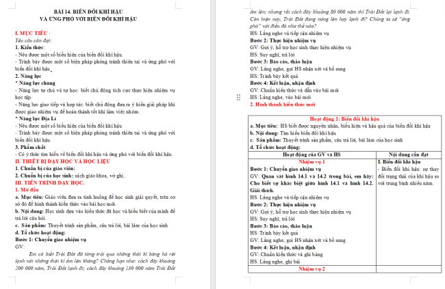 Giáo án Địa lí 6 Bài 14: Biến đổi khí hậu và ứng phó với biến đổi khí hậu