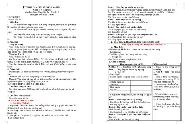 Giáo án Địa lí 6 Bài 17: Sông và hồ