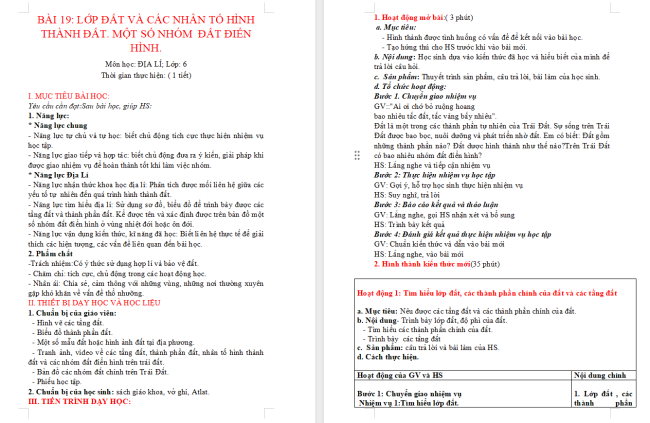 Giáo án Địa lí 6 Bài 19: Lớp đất và các nhân tố hình thành đất. Một số nhóm đất điển hình