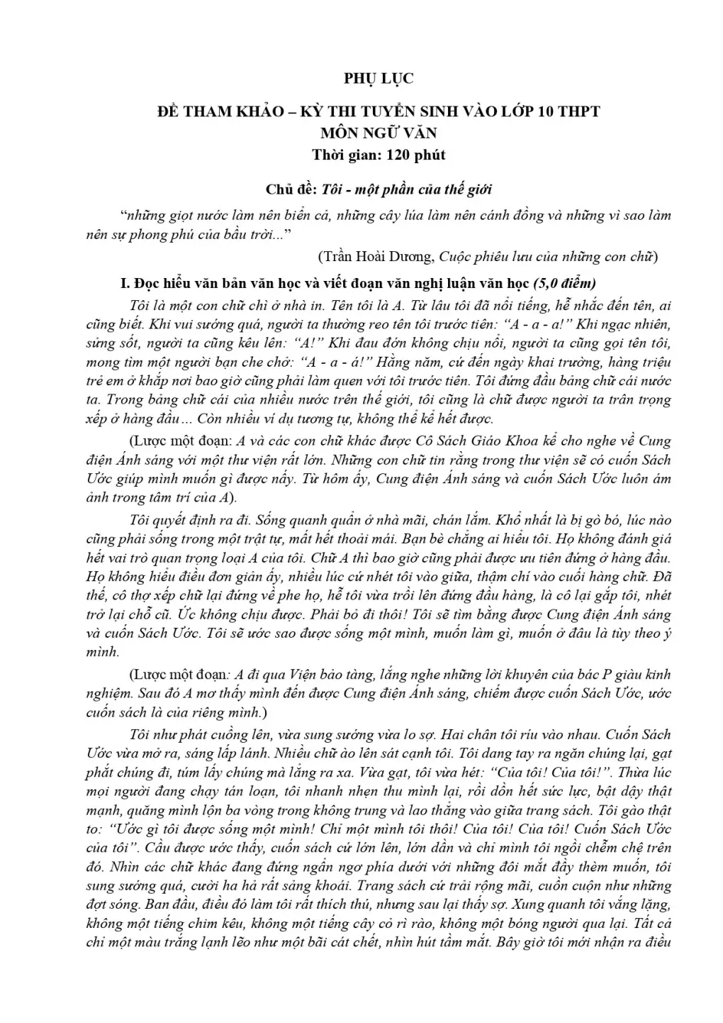 Đề minh họa môn Văn vào lớp 10 Tp.HCM năm 2026