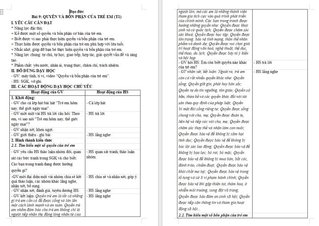 Giáo án Đạo đức 4 Bài 9: Quyền và bổn phận của trẻ em