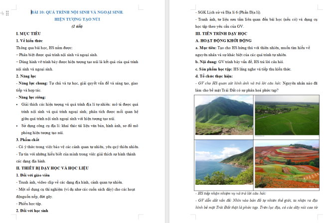 Giáo án Địa lí 6 Địa lí 6 Bài 10: Quá trình nội sinh và ngoại sinh. Hiện tượng tạo núi