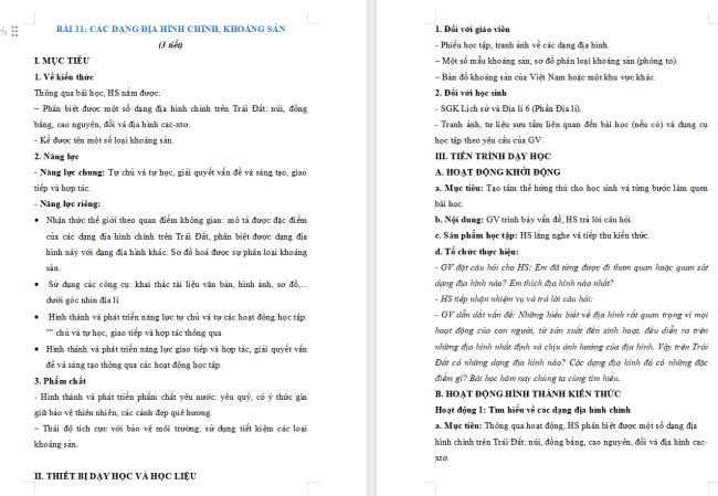 Giáo án Địa lí 6 Địa lí 6 Bài 11: Các dạng địa hình chính. Khoáng sản