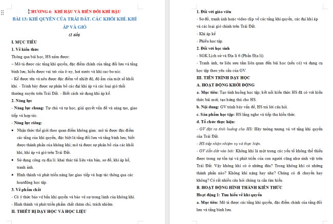 Giáo án Địa lí 6 Địa lí 6 Bài 13: Khí quyển của Trái Đất. Các khối khí. Khí áp và gió