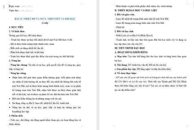Giáo án Địa lí 6 Địa lí 6 Bài 14: Nhiệt độ và mưa. Thời tiết và khí hậu