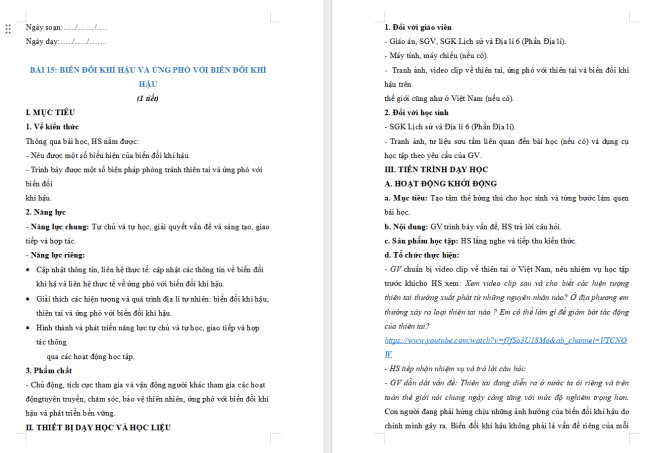 Giáo án Địa lí 6 Địa lí 6 Bài 15: Biến đổi khí hậu và ứng phó với biến đổi khí hậu