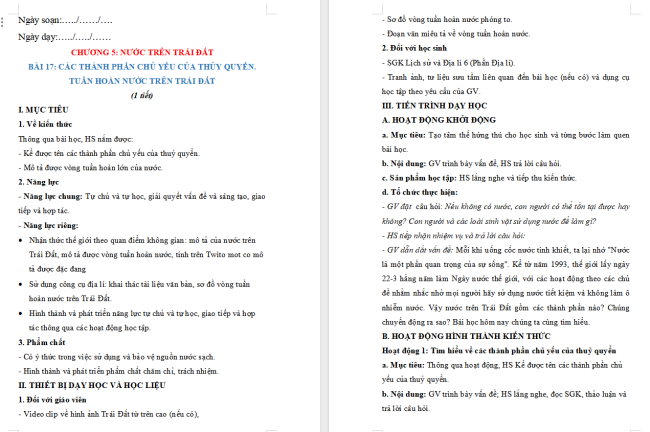 Giáo án Địa lí 6 Địa lí 6 Bài 17: Các thành phần chủ yếu của thủy quyển. Tuần hoàn nước trên Trái Đất