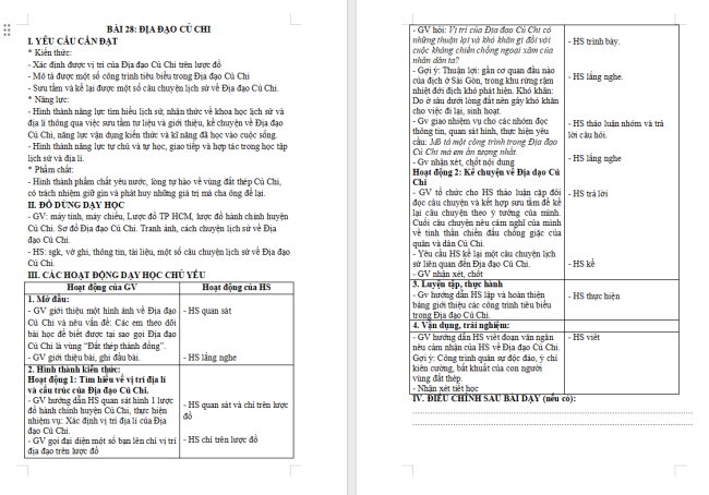 Giáo án Lịch sử - Địa lí 4 Bài 28: Địa đạo Củ Chi