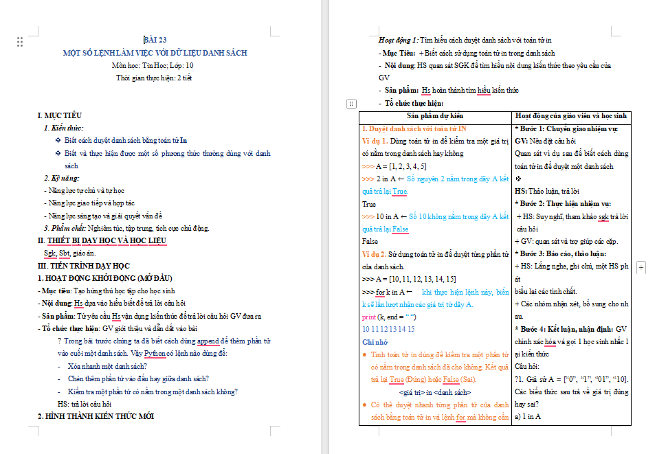 Một số lệnh làm việc với dữ liệu danh sách