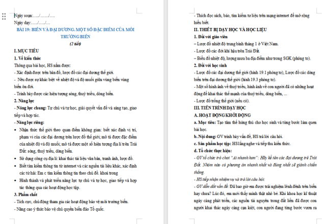 Giáo án Địa lí 6 Địa lí 6 Bài 19: Biển và đại dương. Một số đặc điểm của môi trường biển