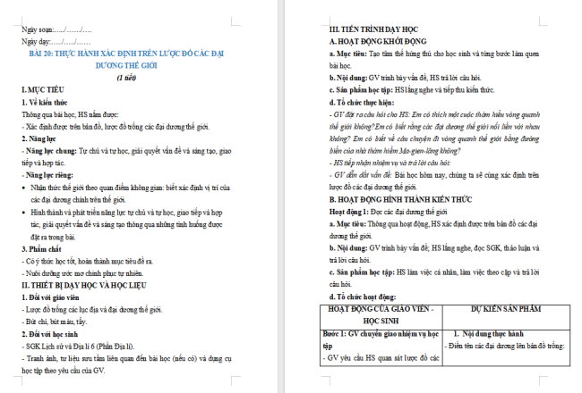 Giáo án Địa lí 6 Địa lí 6 Bài 20: Thực hành: Xác định trên lược đồ các đại dương thế giới