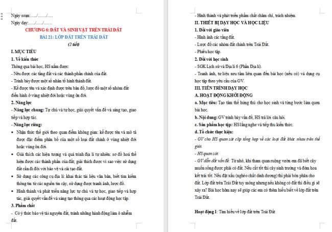 Giáo án Địa lí 6 Địa lí 6 Bài 21: Lớp đất trên Trái Đất