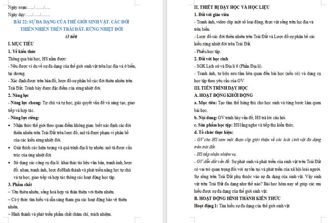 Giáo án Địa lí 6 Địa lí 6 Bài 22: Sự đa dạng của thế giới sinh vật. Các đới thiên nhiên trên Trái Đất. Rừng nhiệt đới