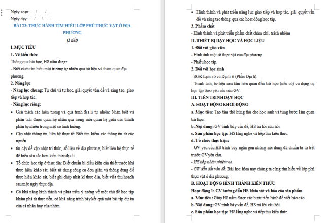 Giáo án Địa lí 6 Địa lí 6 Bài 23: Thực hành: Tìm hiểu lớp phủ thực vật ở địa phương