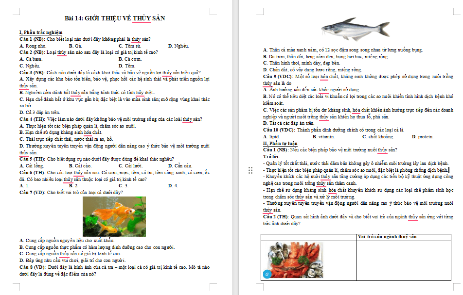 Trắc nghiệm Công nghệ 7 Bài 14