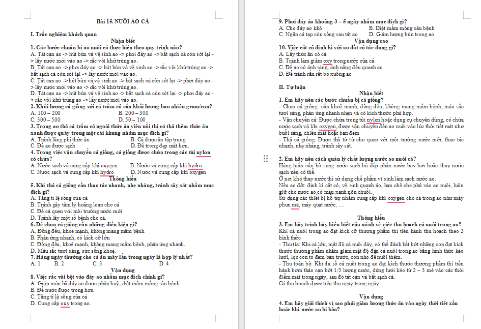 Trắc nghiệm Công nghệ 7 Bài 15