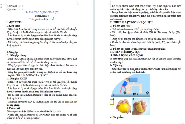 Giáo án Khoa học tự nhiên 6 Bài 36: Tác dụng của lực