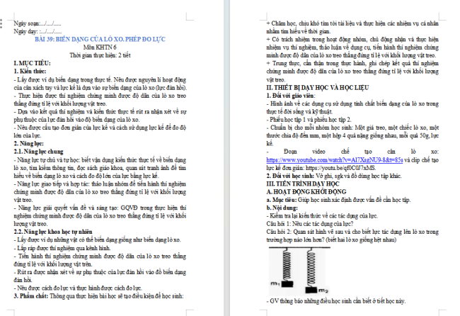 Giáo án Khoa học tự nhiên 6 Bài 39: Biến dạng của lò xo. Phép đo lực