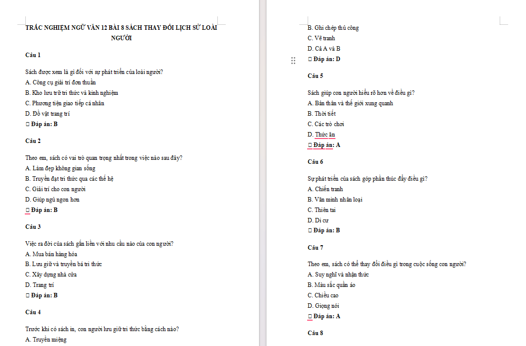 Trắc nghiệm Ngữ văn 12 Bài 8: Sách thay đổi lịch sử loài người