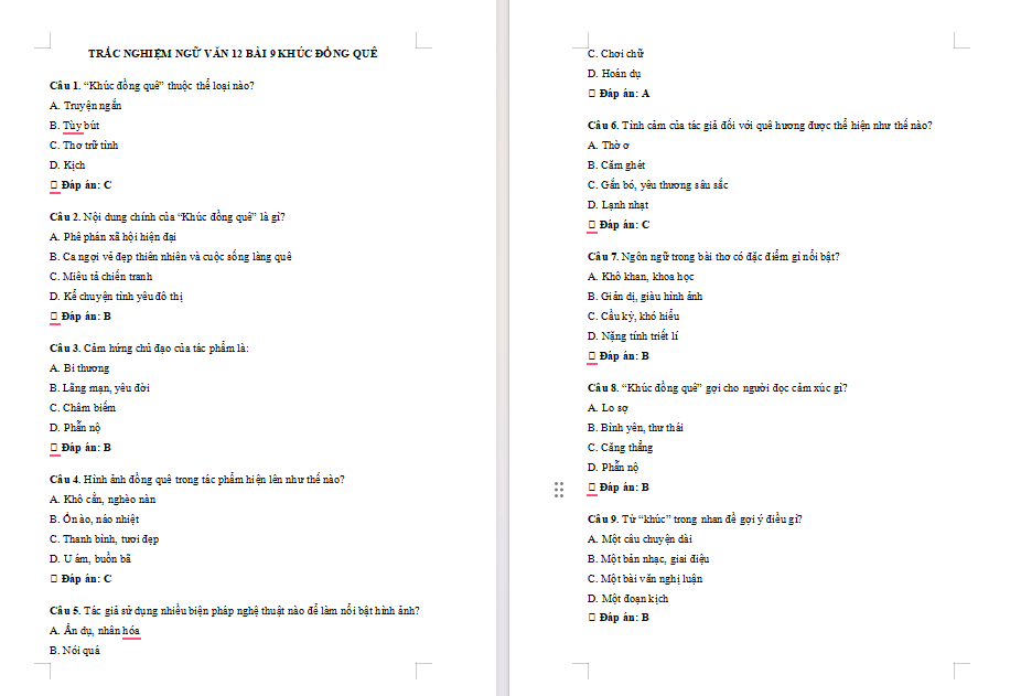 Trắc nghiệm Ngữ văn 12 Bài 9: Khúc đồng quê