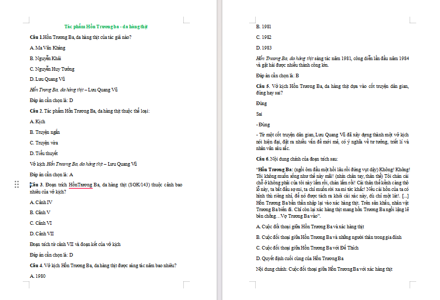 Trắc nghiệm Ngữ văn 12 Bài 9: Hồn Trương Ba da hàng thịt