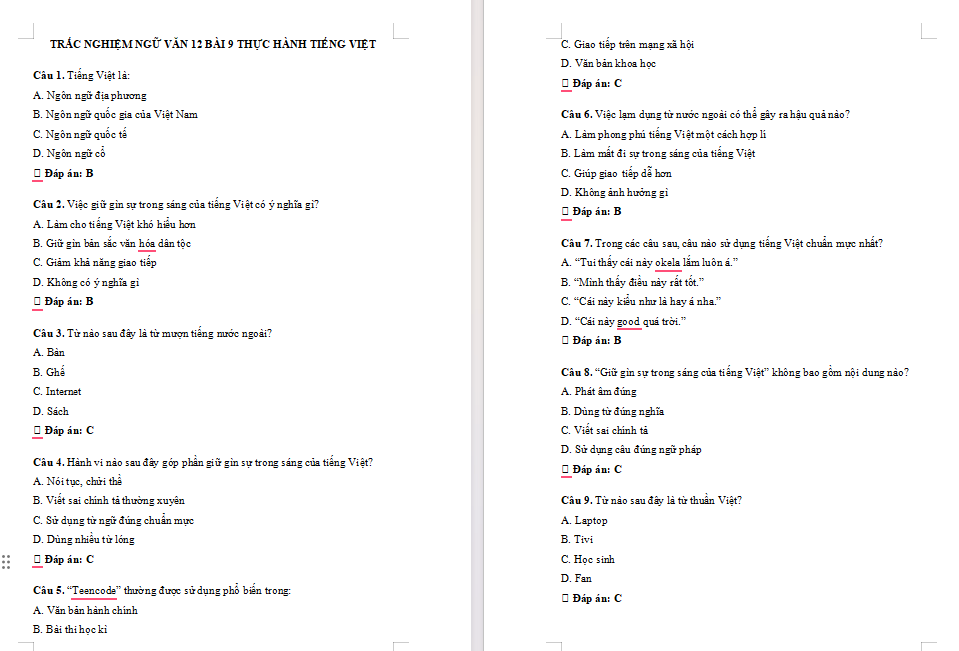 Trắc nghiệm Ngữ văn 12 Bài 9: Thực hành tiếng Việt