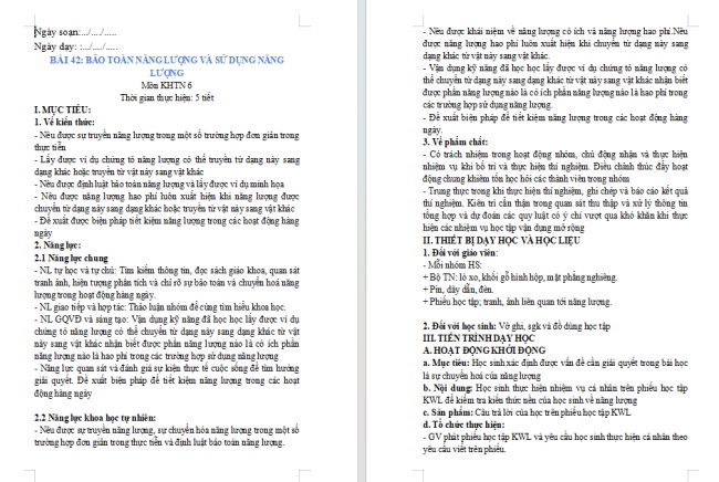 Giáo án Khoa học tự nhiên 6 Bài 42: Bảo toàn năng lượng và sử dụng năng lượng