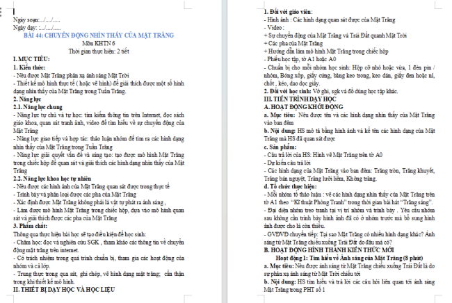 Giáo án Khoa học tự nhiên 6 Bài 44: Chuyển động nhìn thấy của Mặt Trăng