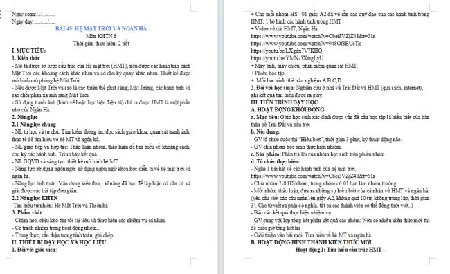 Giáo án Khoa học tự nhiên 6 Bài 45: Hệ mặt trời và ngân hà