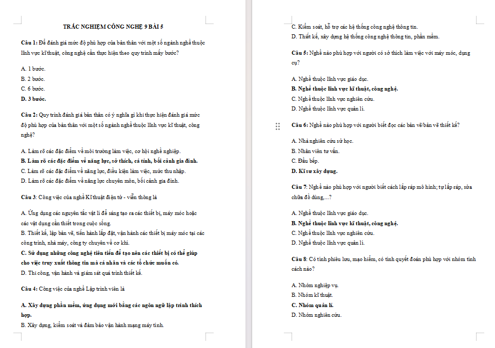 Trắc nghiệm Công nghệ 9 Bài 5 Định hướng nghề nghiệp