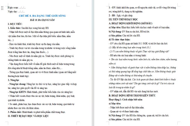 Giáo án KHTN 6 Bài 18: Đa dạng nấm