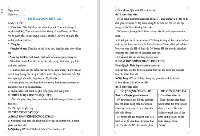 Giáo án KHTN 6 Bài 19: Đa dạng thực vật