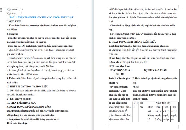 Giáo án KHTN 6 Bài 21: Thực hành phân chia các nhóm thực vật
