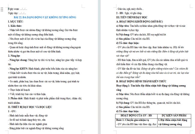 Giáo án KHTN 6 Bài 22: Đa dạng động vật không xương sống